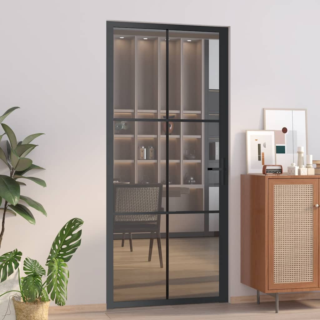 Porta Interna 93x201,5 cm Nera in Vetro ESG e Alluminio | homemem39