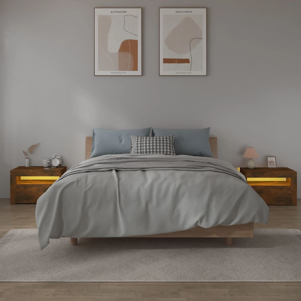 Comodini 2 pz con Luci LED Rovere Fumo 60x35x40 cm | homemem39