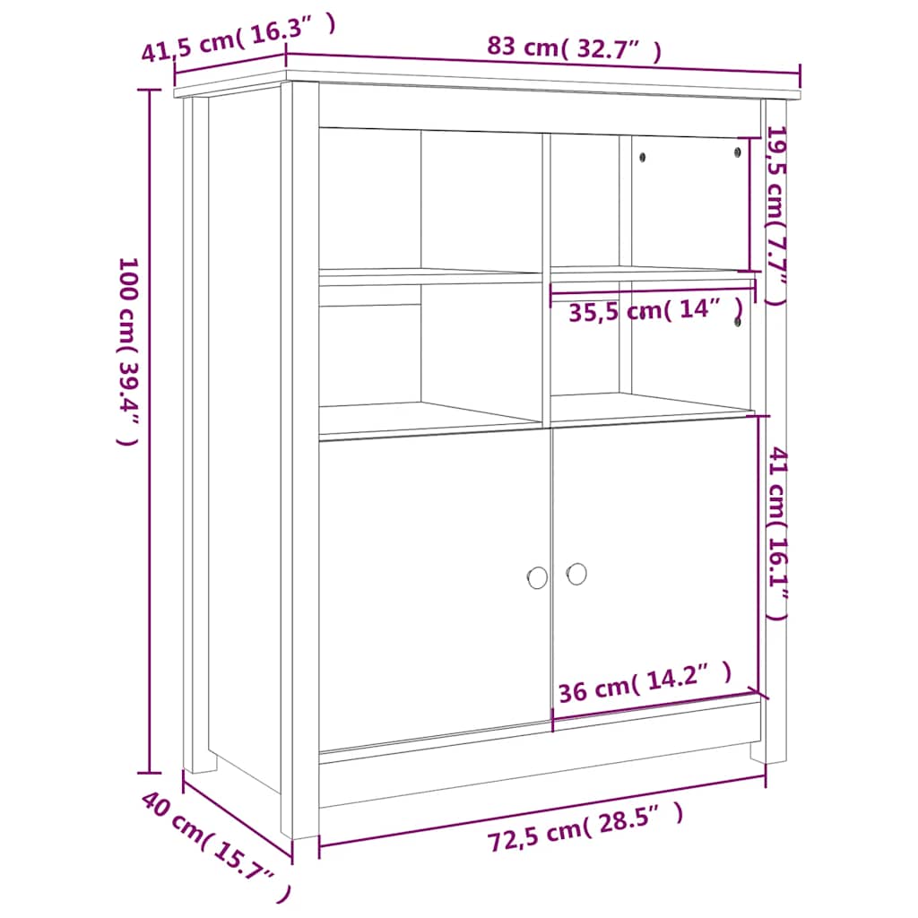Credenza Nera 83x41,5x100 cm in Legno Massello di Pino