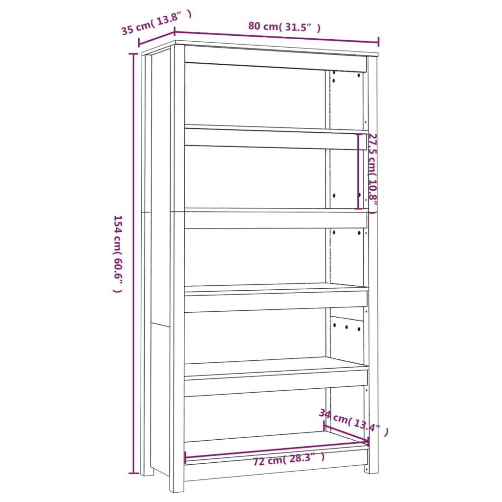 Libreria Nera 80x35x154 cm in Legno Massello di Pino