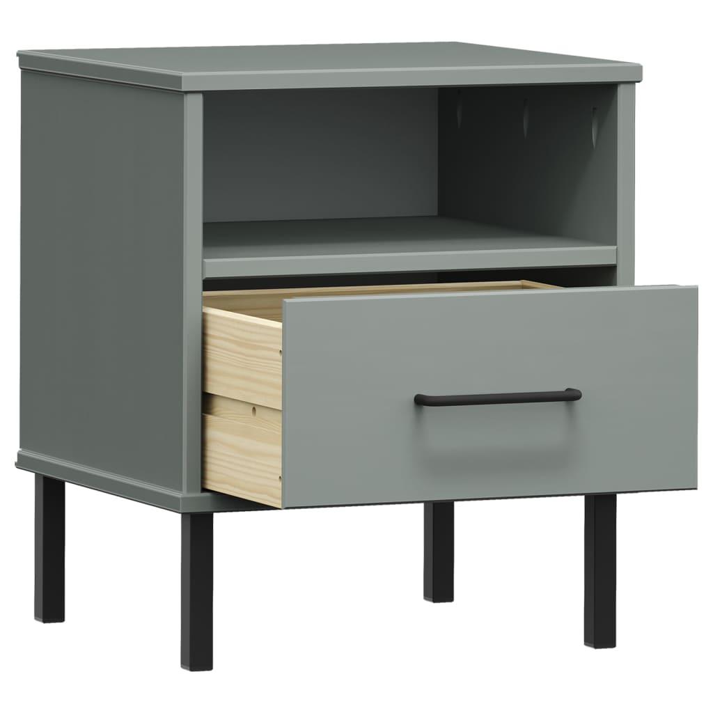 Comodino con Gambe in Metallo Grigio Legno Massello Pino OSLO