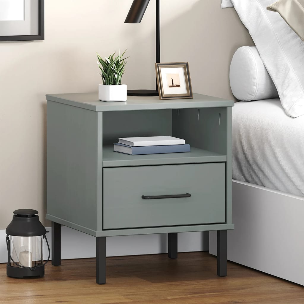 Comodino con Gambe in Metallo Grigio Legno Massello Pino OSLO - homemem39