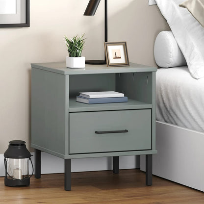 Comodino con Gambe in Metallo Grigio Legno Massello Pino OSLO - homemem39