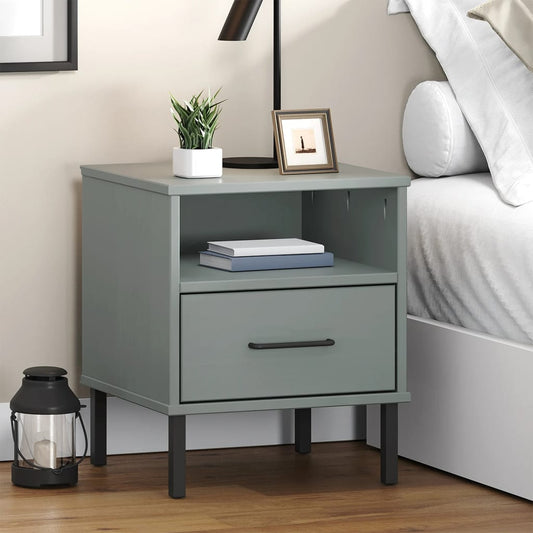 Comodino con Gambe in Metallo Grigio Legno Massello Pino OSLO - homemem39