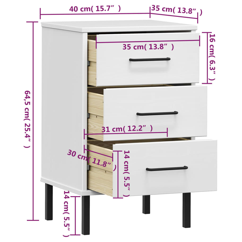 Comodino con Gambe in Metallo Bianco Legno Massello Pino OSLO | homemem39