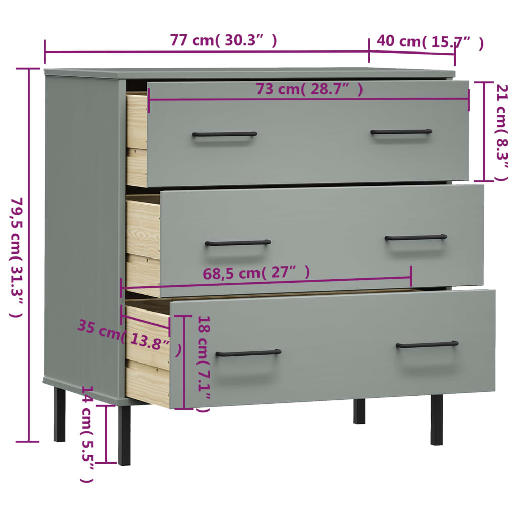 Credenza con 3 Cassetti Grigio 77x40x79,5cm Legno Massello OSLO