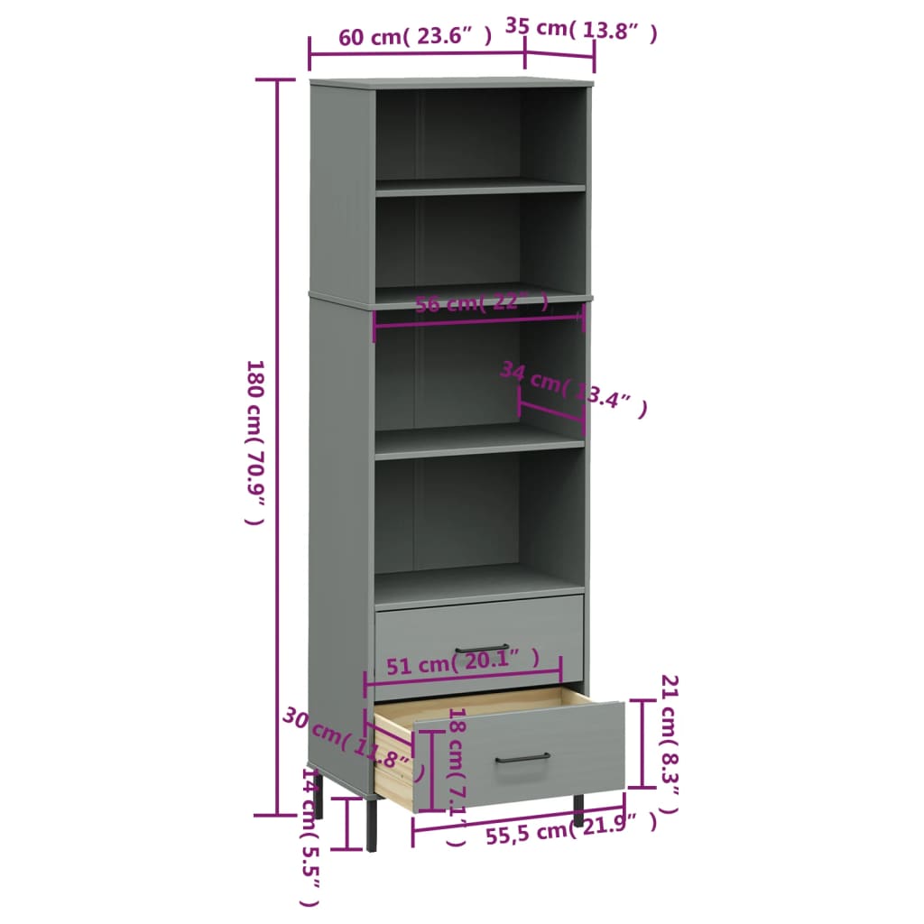 Libreria con 2 Cassetti Grigio 60x35x180 cm Legno Massello OSLO - homemem39