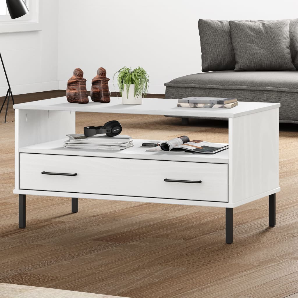 Tavolino Gambe Metallo Bianco 85x50x45 cm Legno Massello OSLO | homemem39