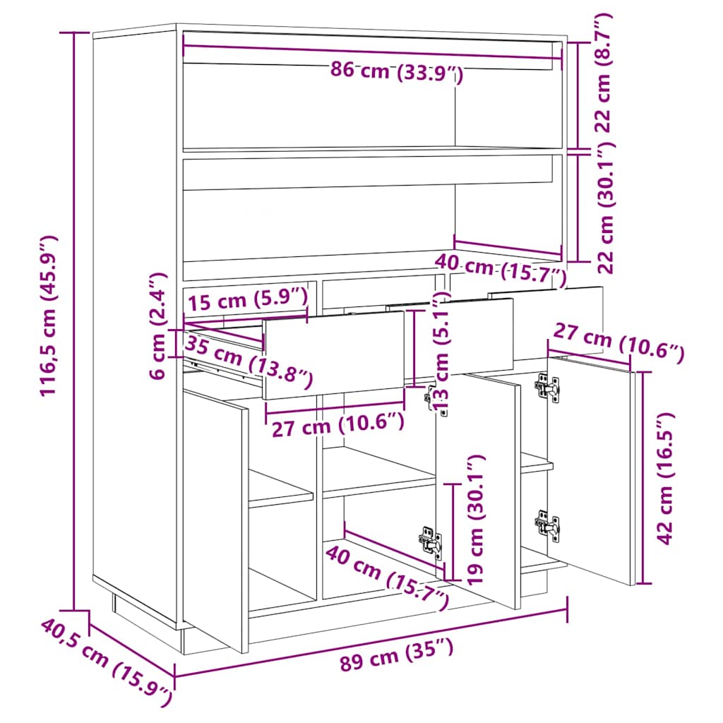 Credenza ambra 89x40x116,5 cm in Legno Massello di Pino - homemem39