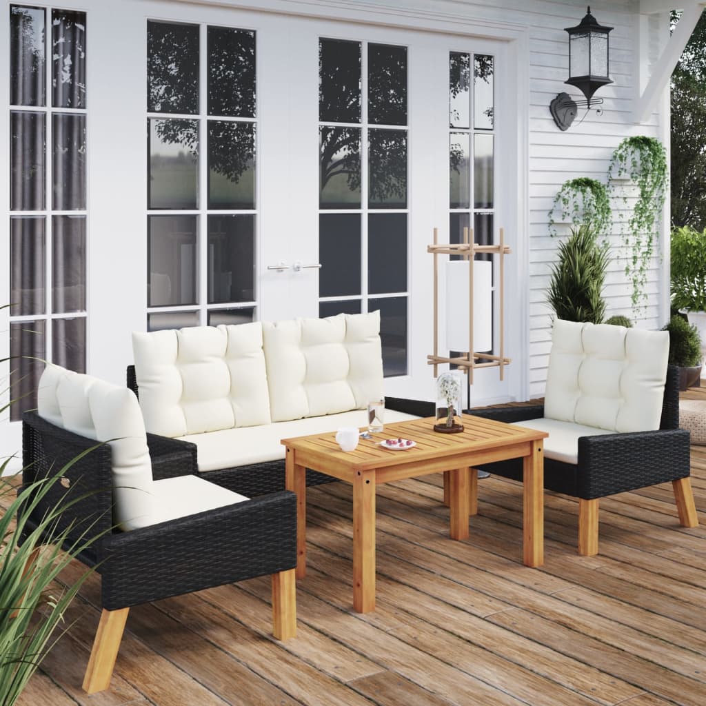 Set da Giardino 4 pz con Cuscini in Polyrattan e Legno Massello - homemem39