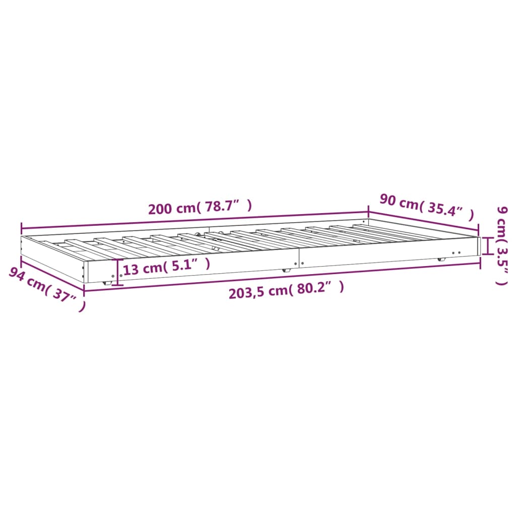 White bed frame 90x200 cm in solid pine wood