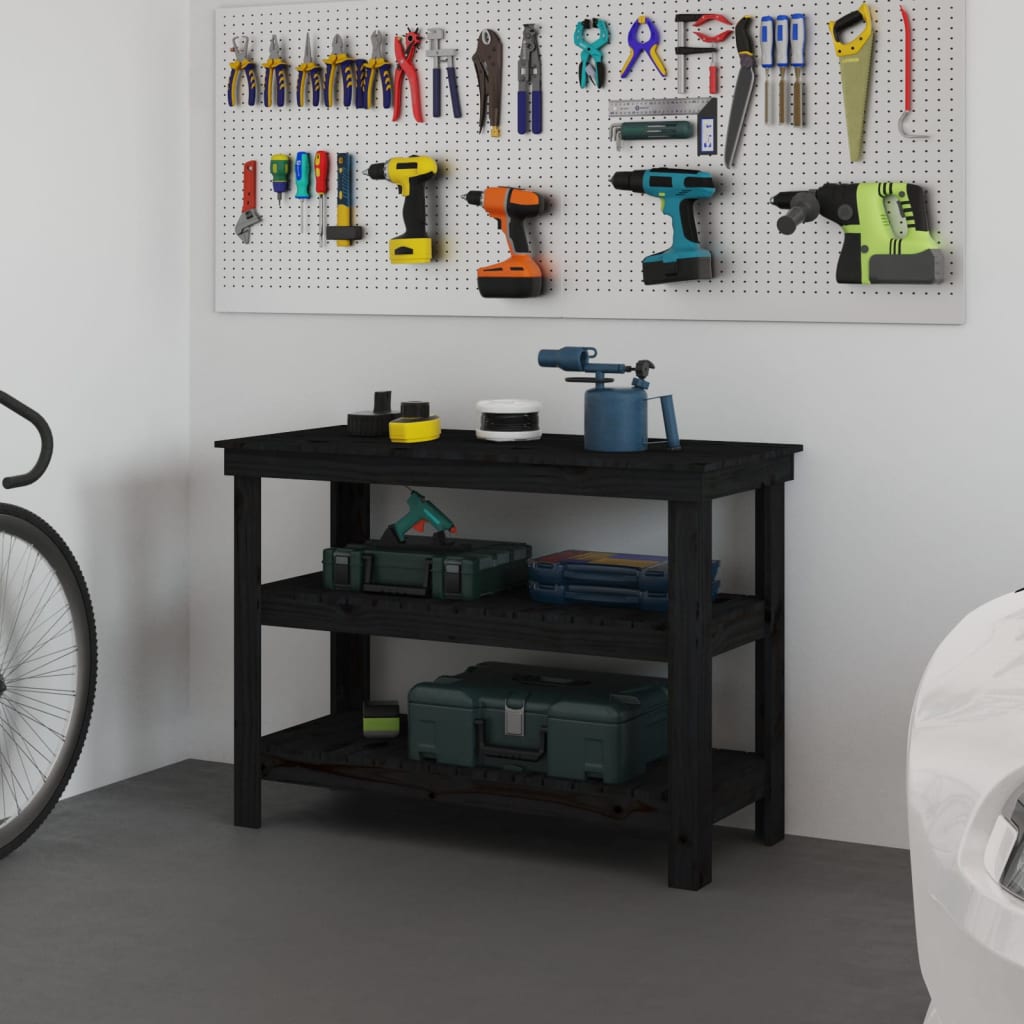 Banco da Lavoro Nero 110,5x50x80 cm in Legno Massello di Pino - homemem39