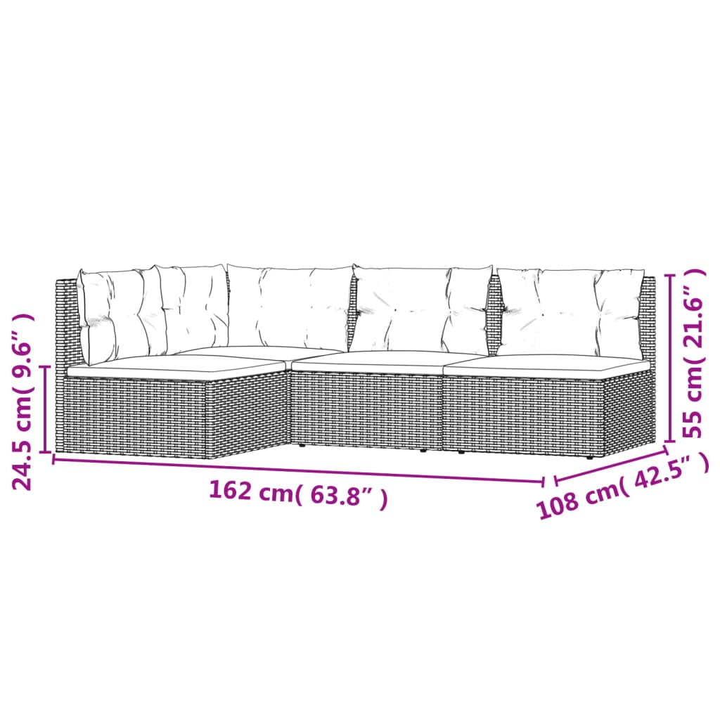 Set Divani da Giardino 4 pz con Cuscini in Polyrattan Grigio