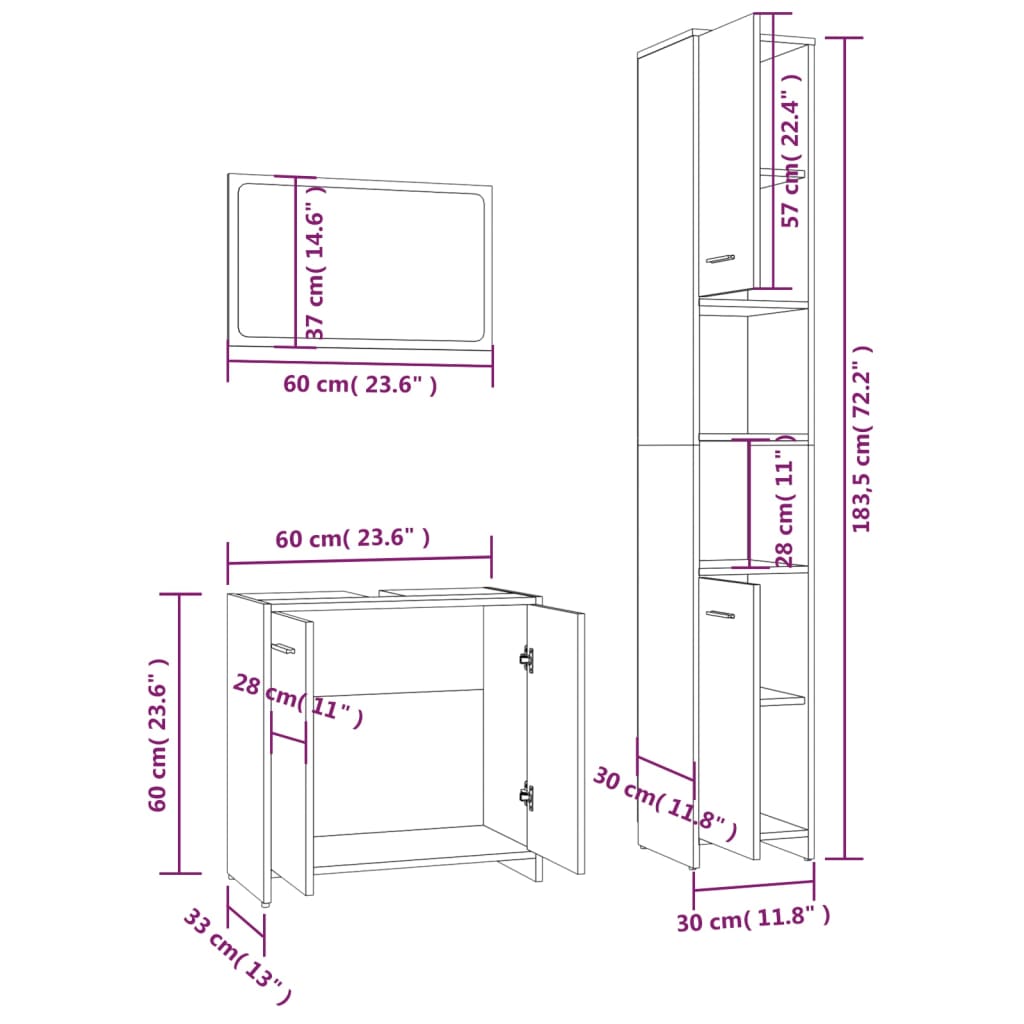 Set Mobili da Bagno 3 pz Rovere Fumo in Legno Multistrato | homemem39