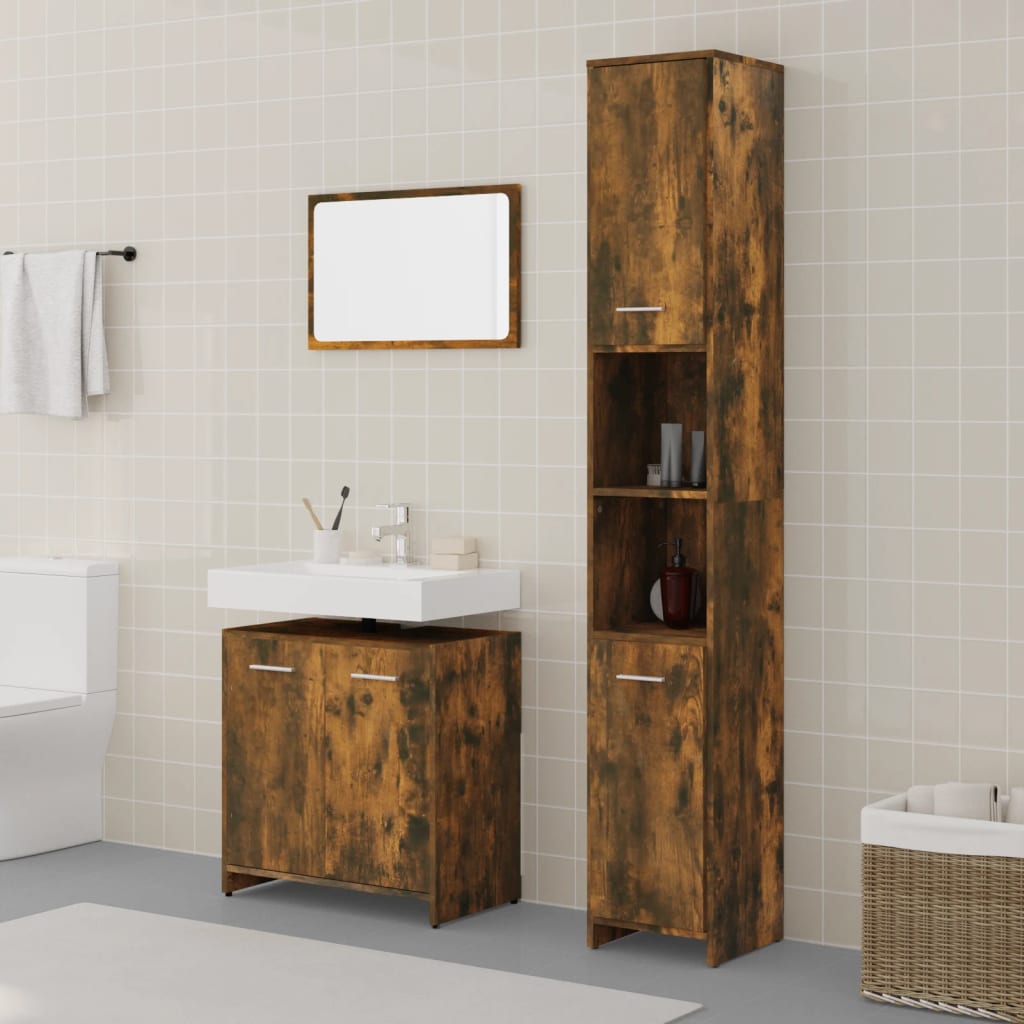 Set Mobili da Bagno 3 pz Rovere Fumo in Legno Multistrato | homemem39