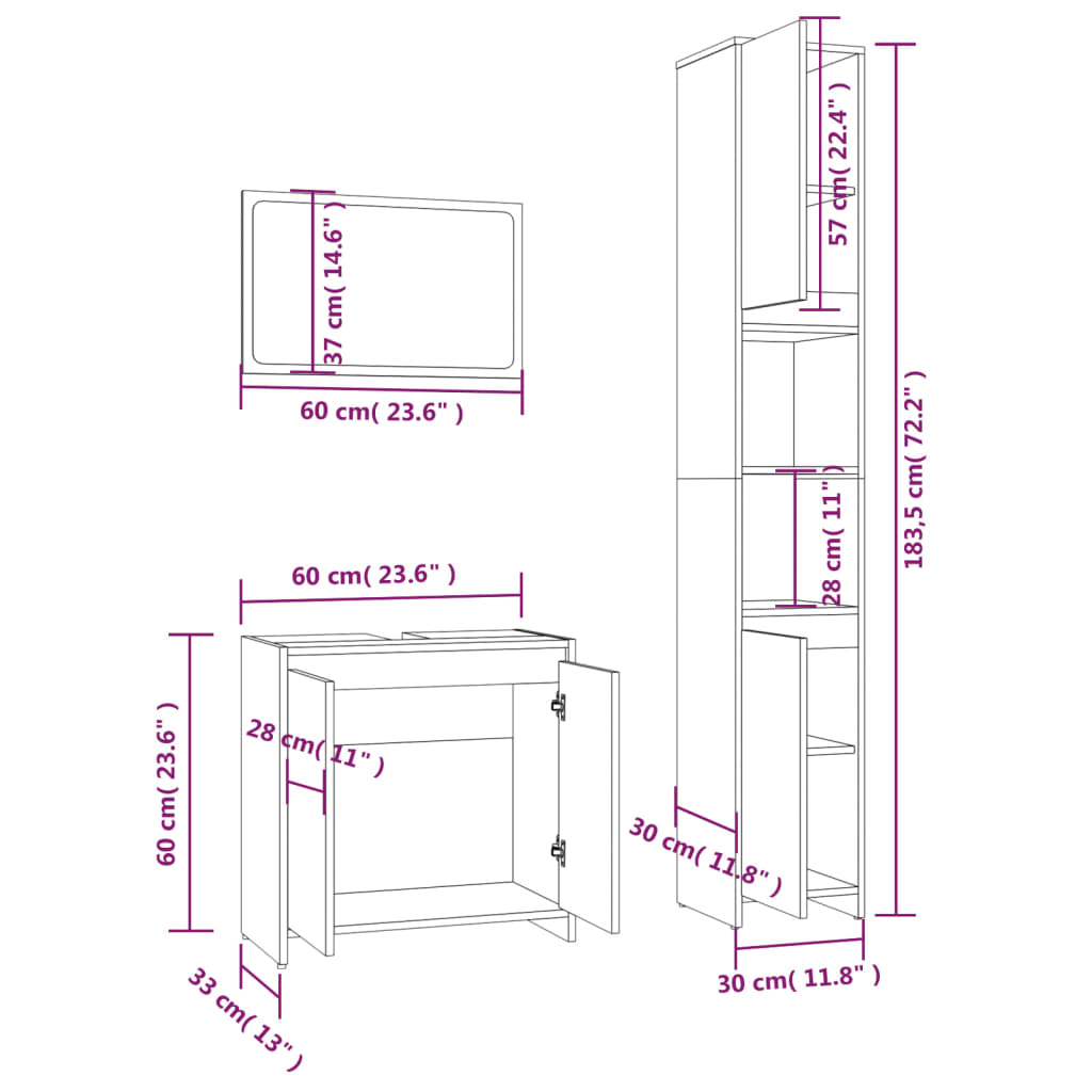 Set Mobili da Bagno 3 pz Rovere Fumo in Legno Multistrato | homemem39
