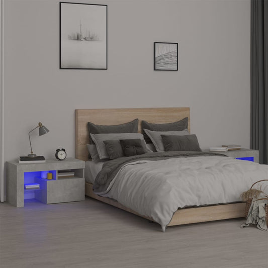 Comodini 2 pz con Luci a LED Grigi Cemento 70x36,5x40 cm