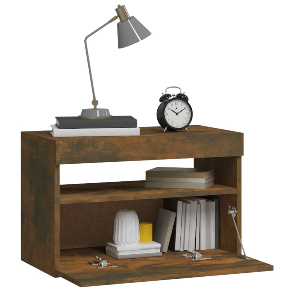 Comodino con Luci LED Rovere Fumo 60x35x40 cm - homemem39