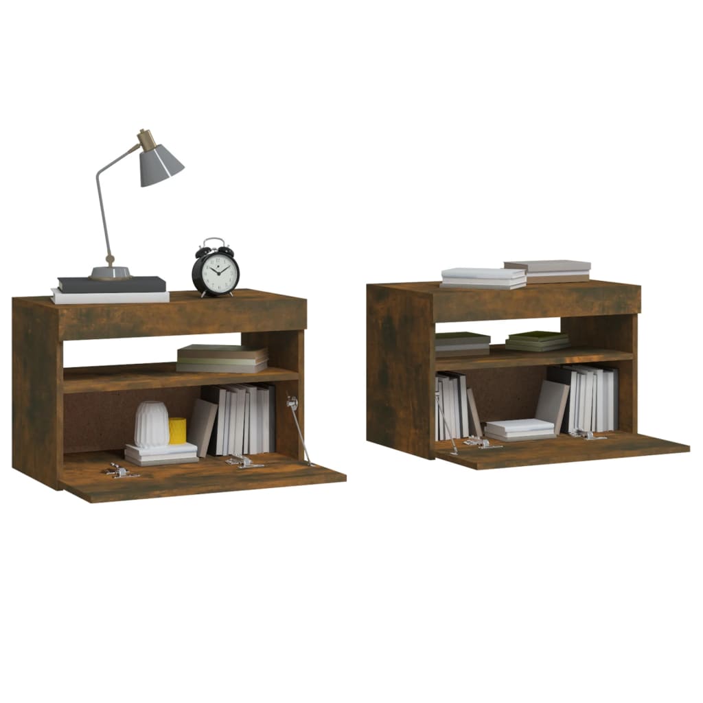 Comodini 2 pz con Luci LED Rovere Fumo 60x35x40 cm | homemem39