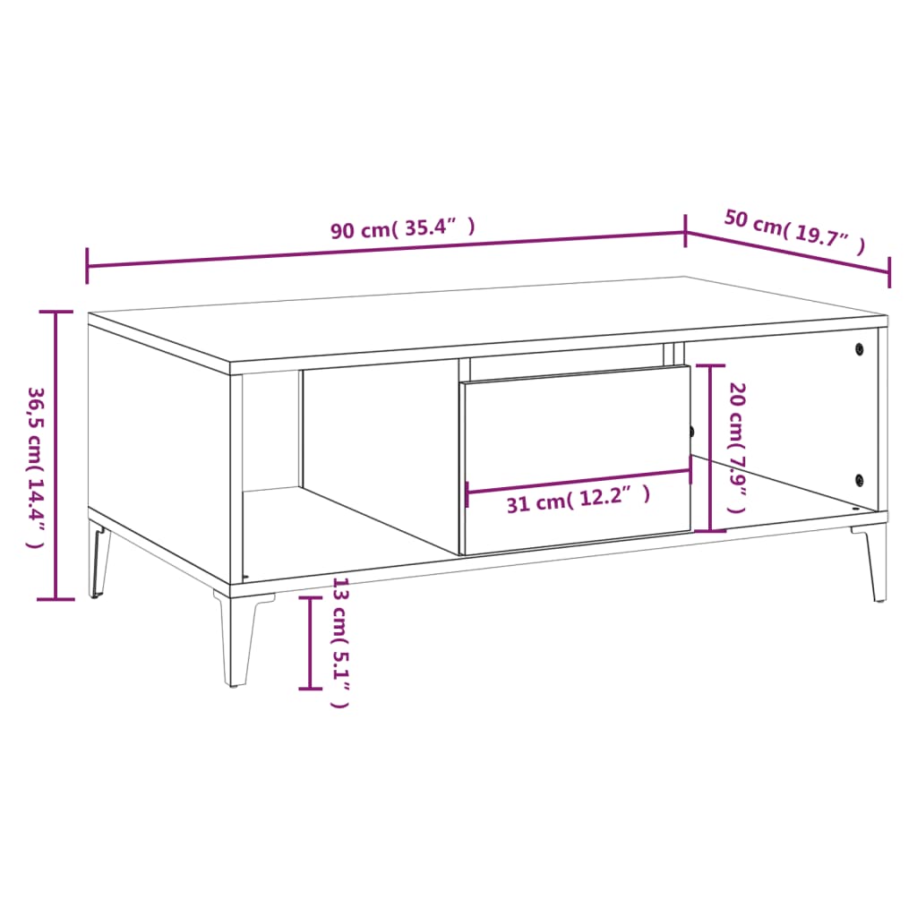 Tavolino da Salotto Bianco 90x50x36,5 cm in Legno Multistrato | homemem39