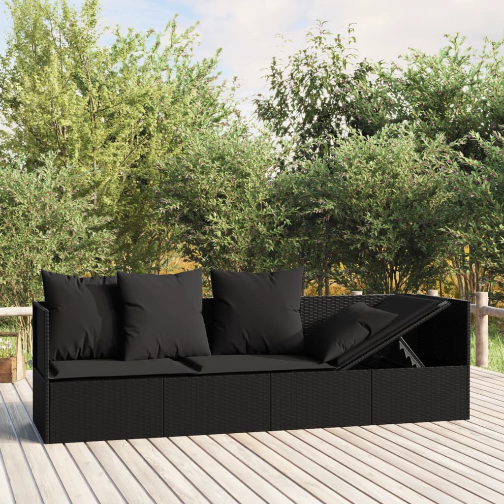 Outdoor Sun Lounger with Black Polyrattan Cushions
