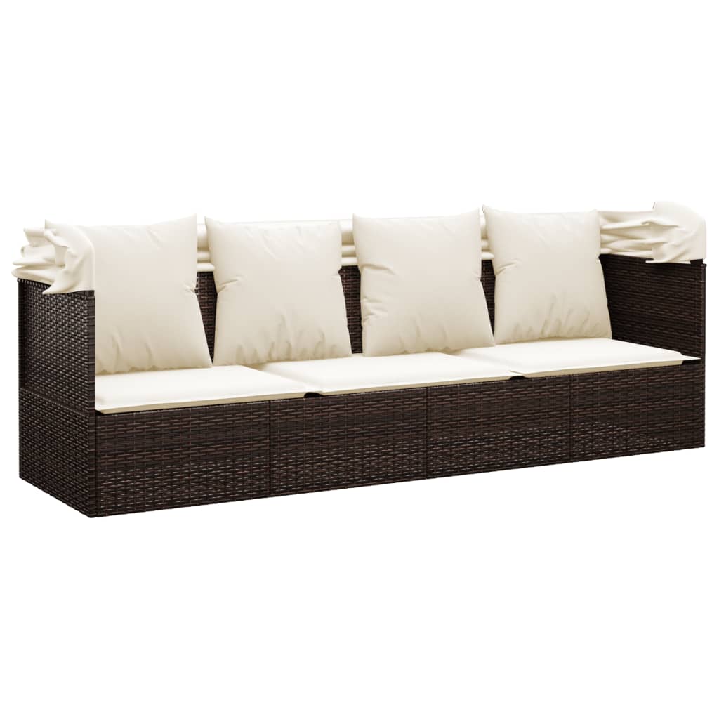 Outdoor Sun Lounger with Brown Polyrattan Roof and Cushions