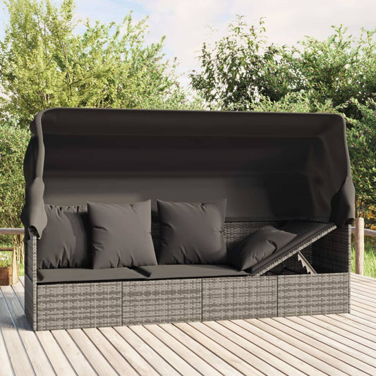 Outdoor Sun Lounger with Gray Polyrattan Roof and Cushions