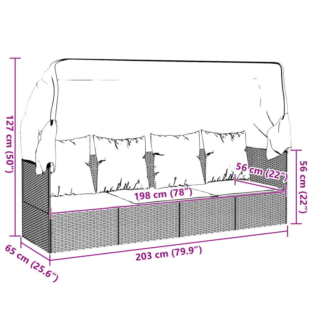 Outdoor Sun Lounger with Roof and Black Polyrattan Cushions