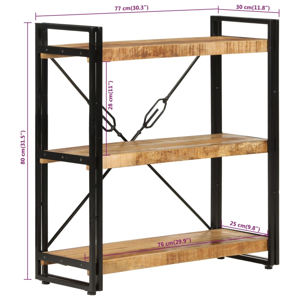 Libreria 3 Livelli 77x30x80 cm Legno Massello di Mango e Ferro