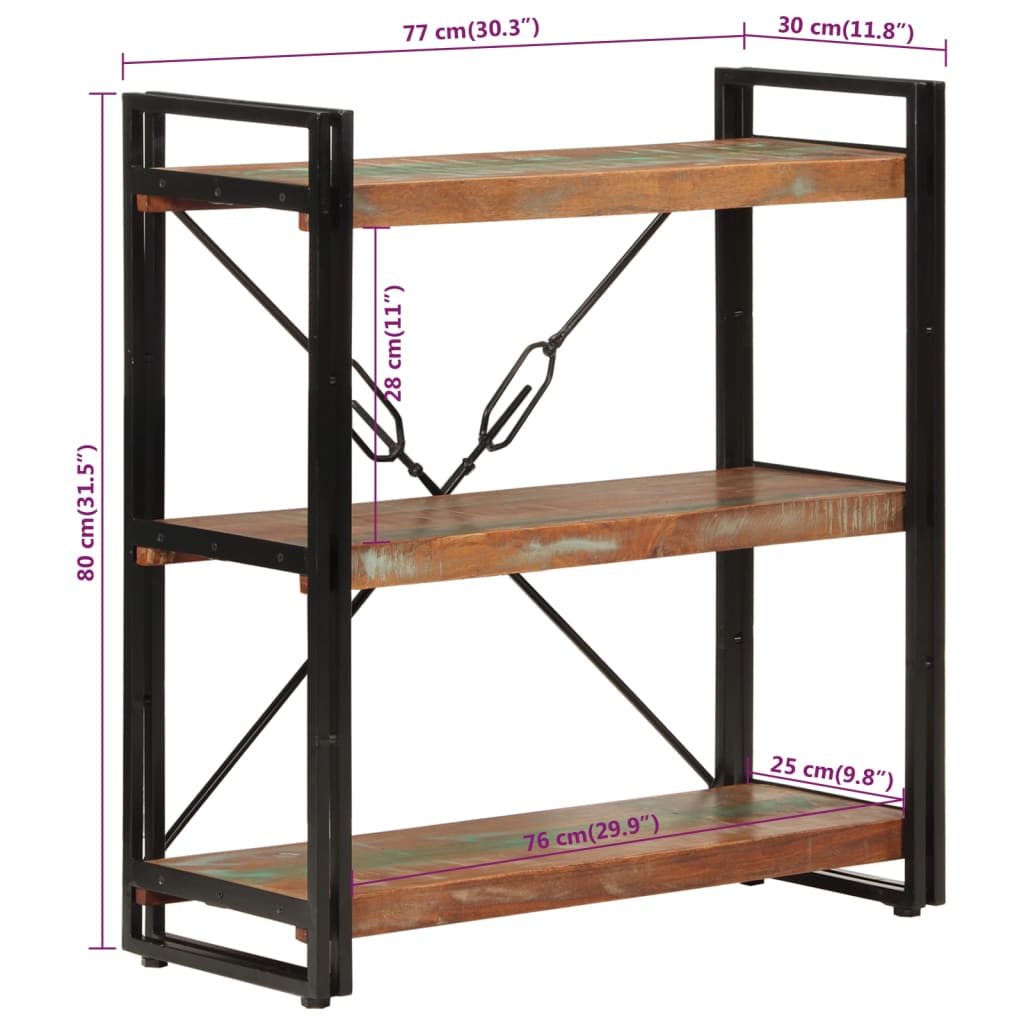 Libreria 3 Livelli 77x30x80 cm Legno Massello Recupero e Ferro