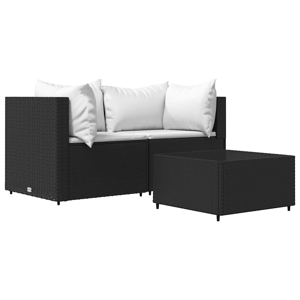 Set Divani da Giardino 3 pz con Cuscini Nero in Polyrattan | homemem39