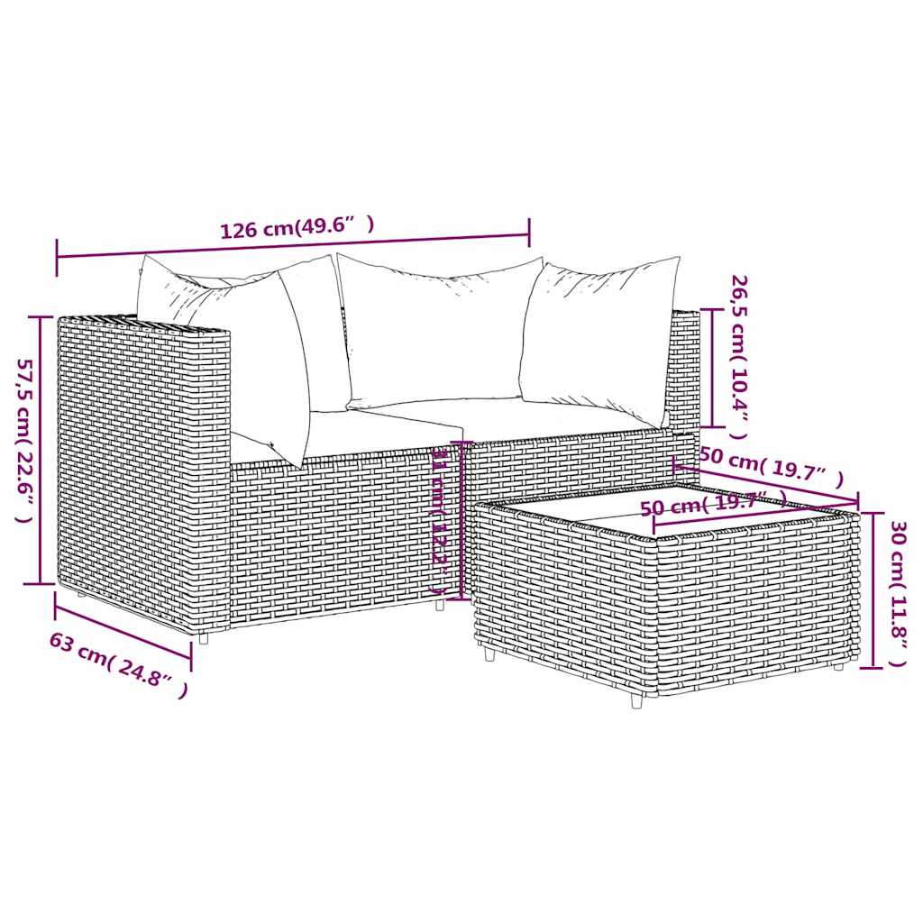 Set Divani da Giardino 3 pz con Cuscini Nero in Polyrattan | homemem39