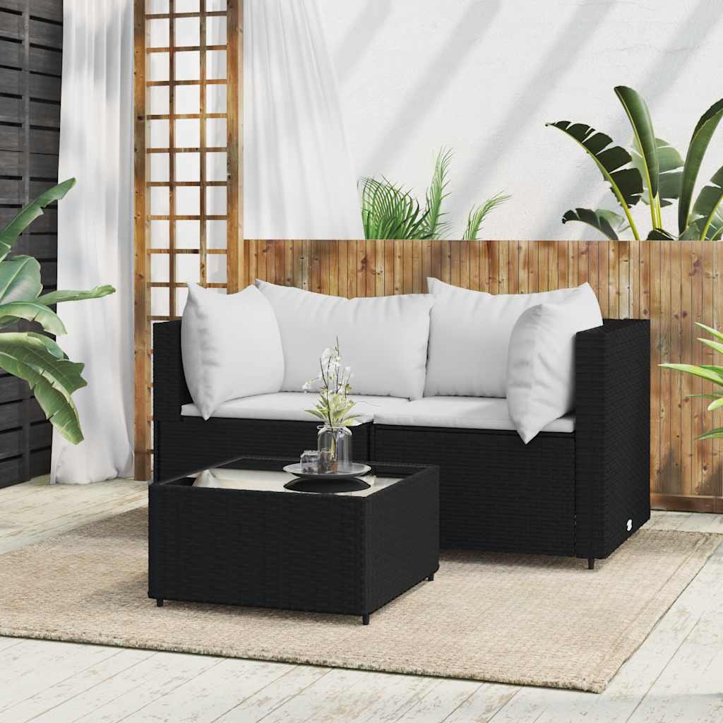 Set Divani da Giardino 3 pz con Cuscini Nero in Polyrattan | homemem39
