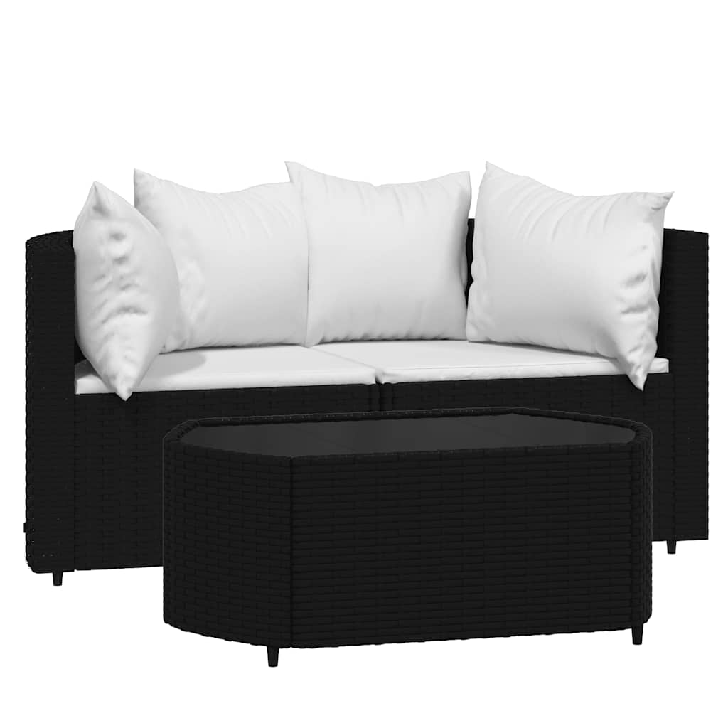 Set Divani da Giardino 3 pz con Cuscini Nero in Polyrattan | homemem39