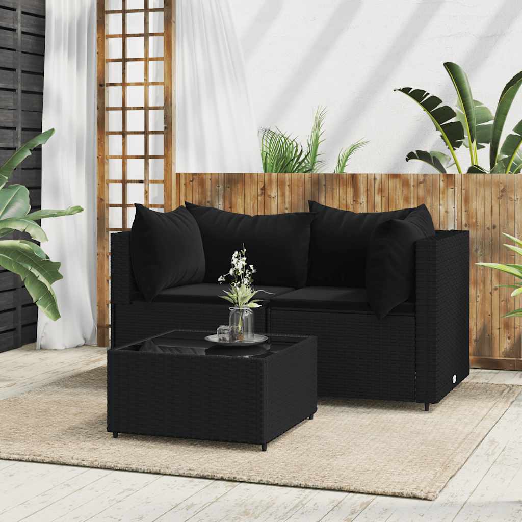 Set Divani da Giardino 3 pz con Cuscini Nero in Polyrattan | homemem39