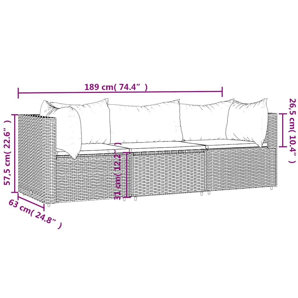 Set Divani da Giardino 3 pz con Cuscini Nero in Polyrattan | homemem39