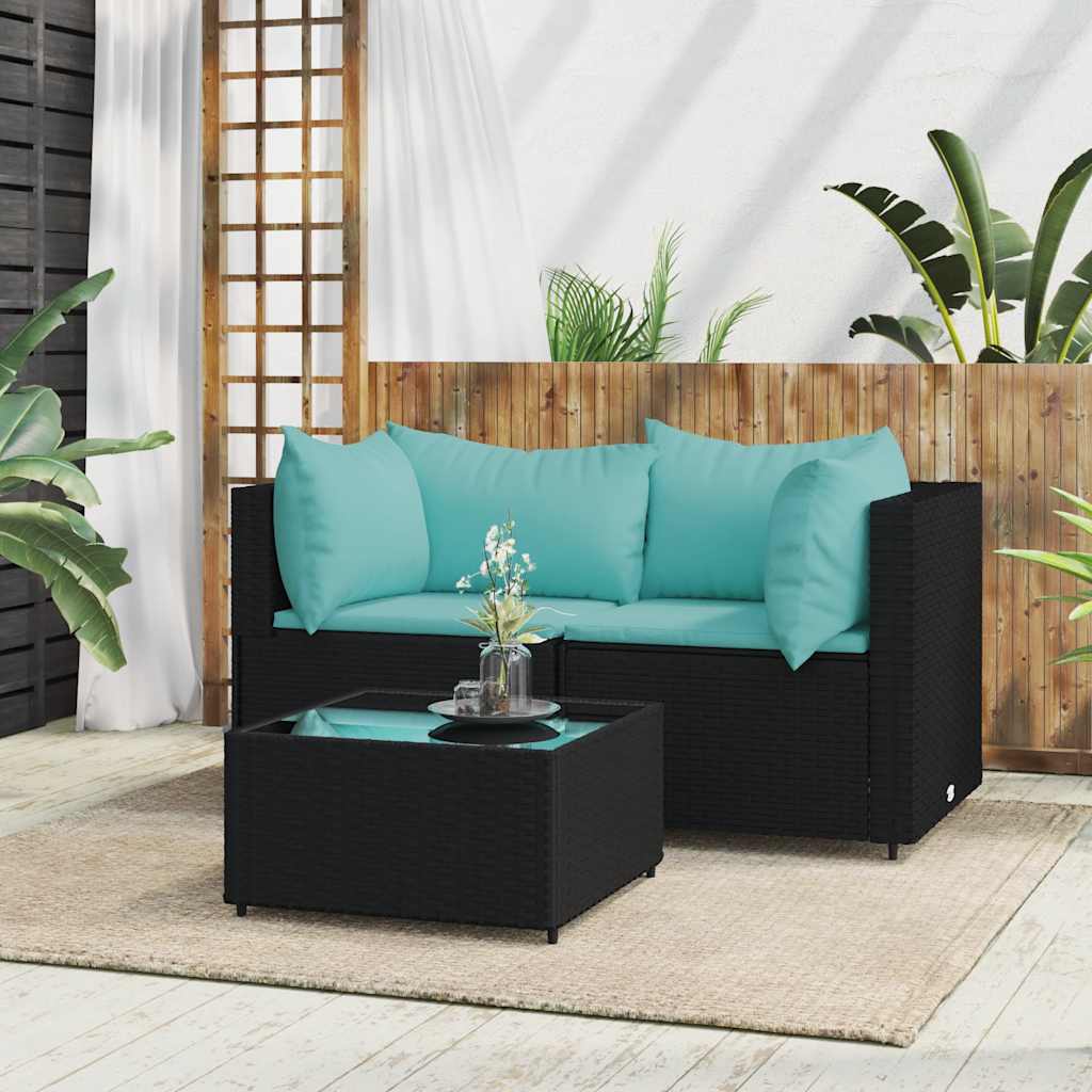 Set Divani da Giardino 3 pz con Cuscini Nero in Polyrattan | homemem39