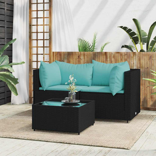 Set Divani da Giardino 3 pz con Cuscini Nero in Polyrattan | homemem39