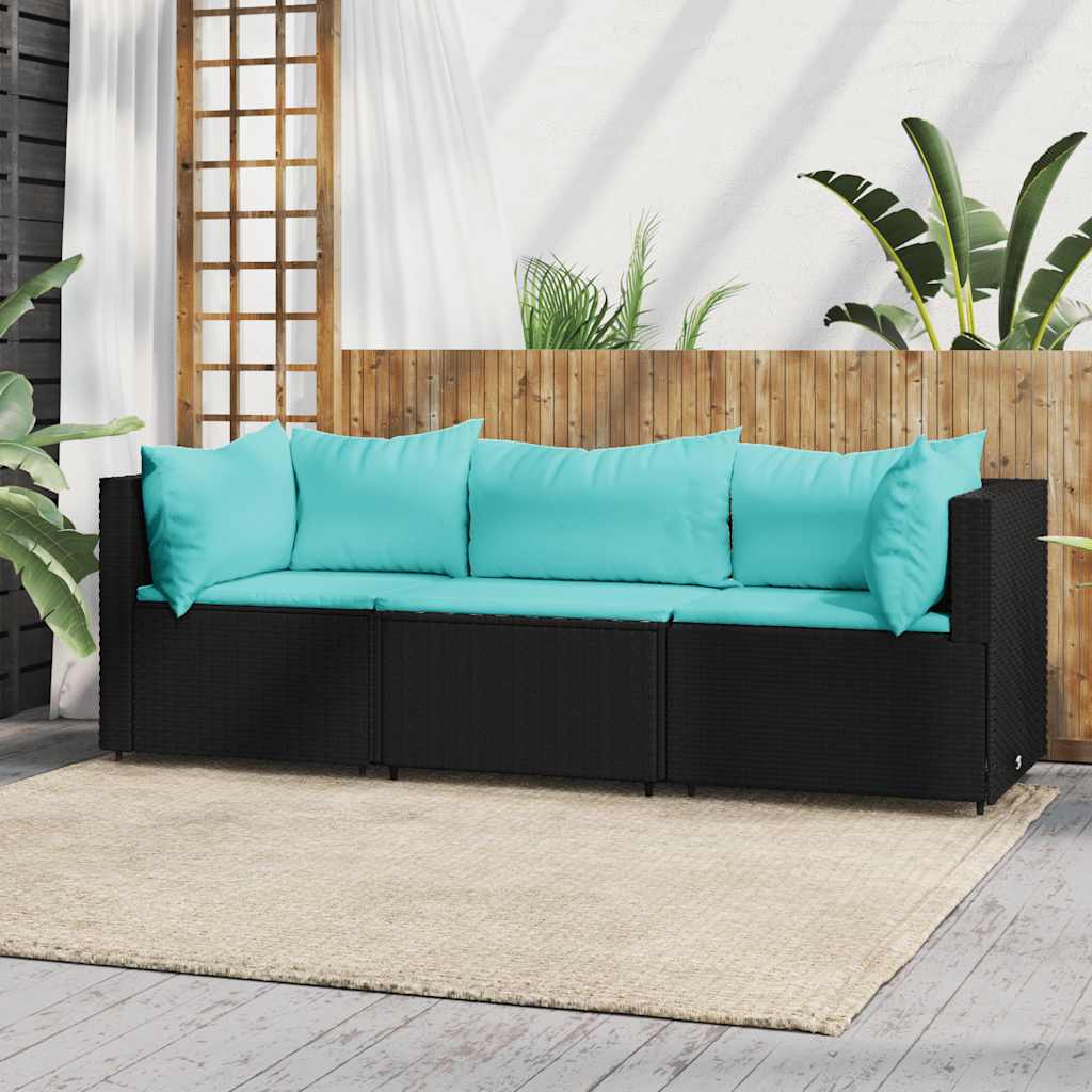 Set Divani da Giardino 3 pz con Cuscini Nero in Polyrattan | homemem39