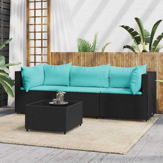 Set Divani da Giardino 4 pz con Cuscini Nero in Polyrattan