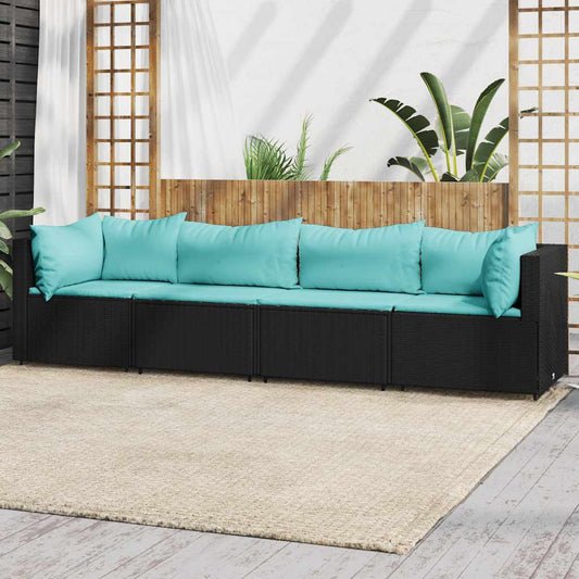 Set Divani da Giardino 4 pz con Cuscini Nero in Polyrattan | homemem39