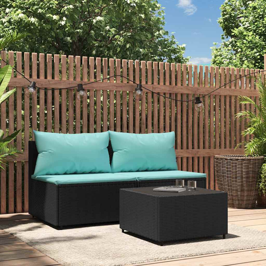 Set Divani da Giardino 3 pz con Cuscini Nero in Polyrattan | homemem39