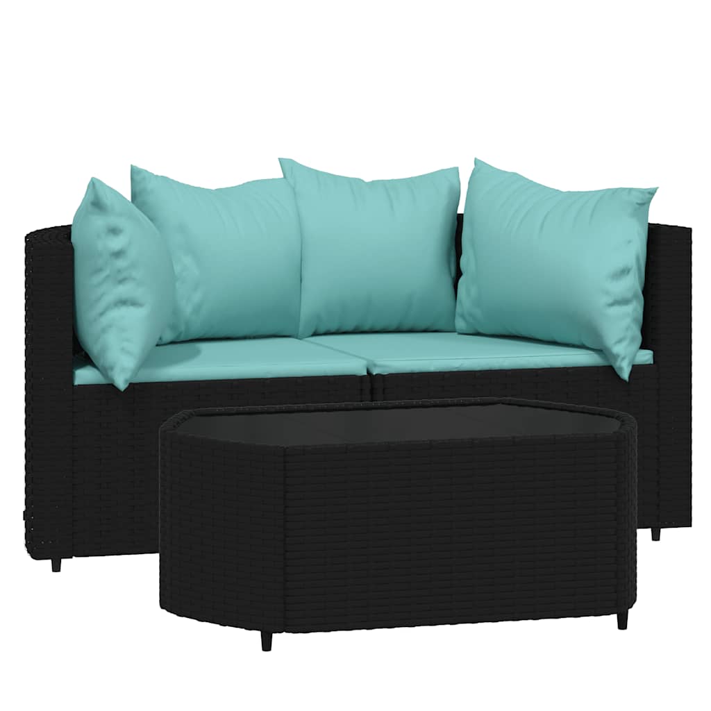 Set Divani da Giardino 3 pz con Cuscini Nero in Polyrattan - homemem39