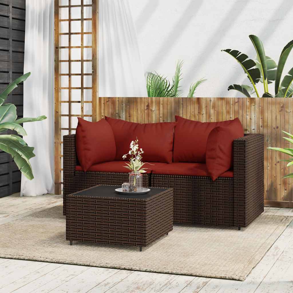 Set Mobili da Giardino 3 pz con Cuscini in Polyrattan Marrone | homemem39