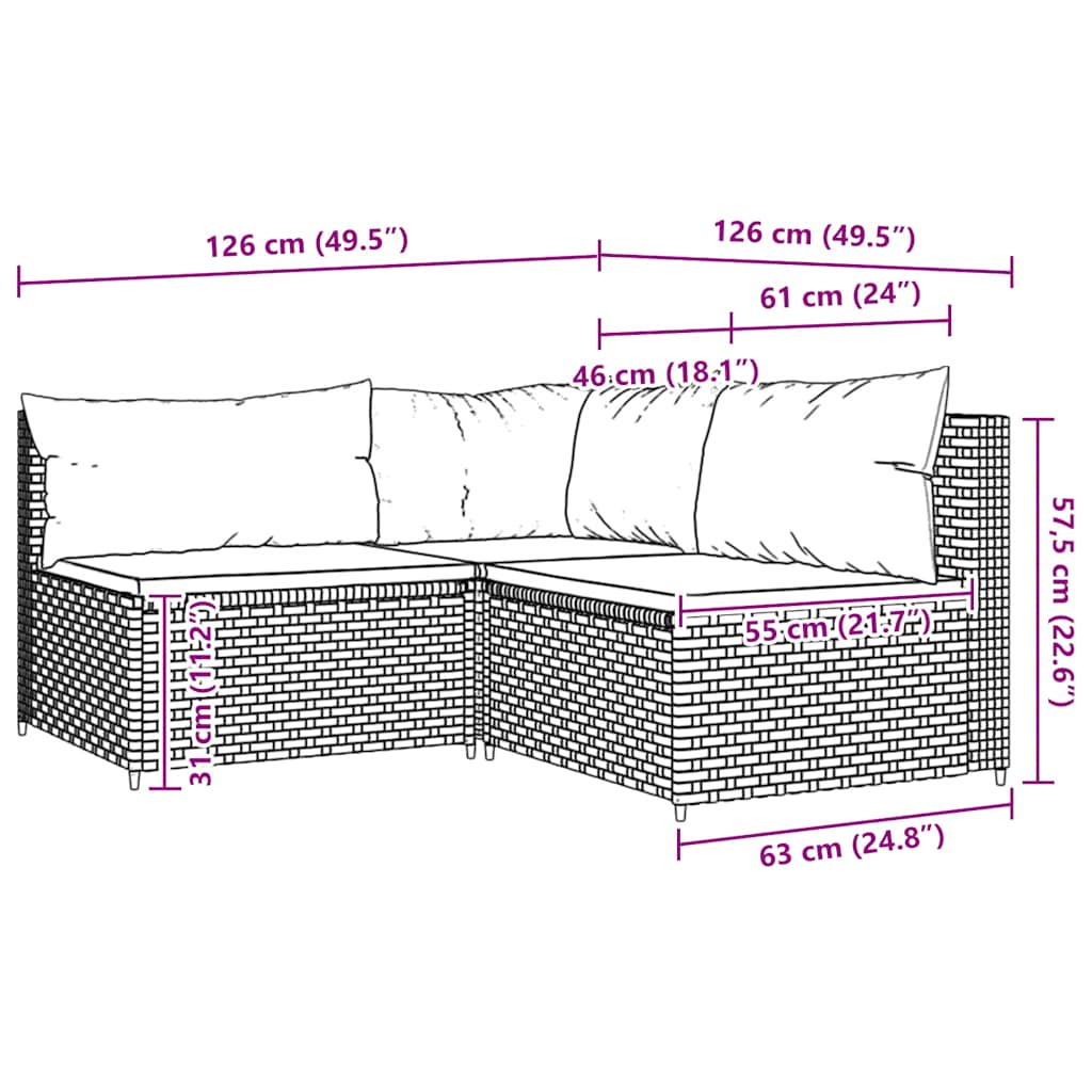 Set Mobili da Giardino 3 pz con Cuscini in Polyrattan Marrone | homemem39