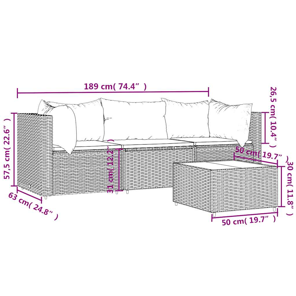 Set Mobili da Giardino 4 pz con Cuscini in Polyrattan Marrone | homemem39
