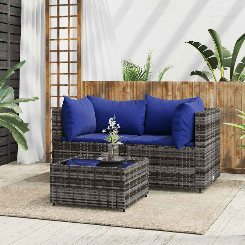 Set Divani da Giardino 3 pz con Cuscini in Polyrattan Grigio - homemem39
