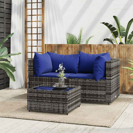 Set Divani da Giardino 3 pz con Cuscini in Polyrattan Grigio - homemem39