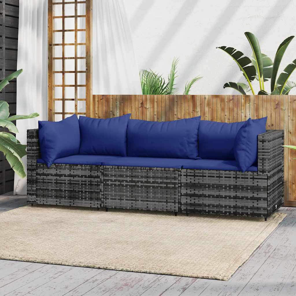 Set Divani da Giardino 3 pz con Cuscini in Polyrattan Grigio | homemem39