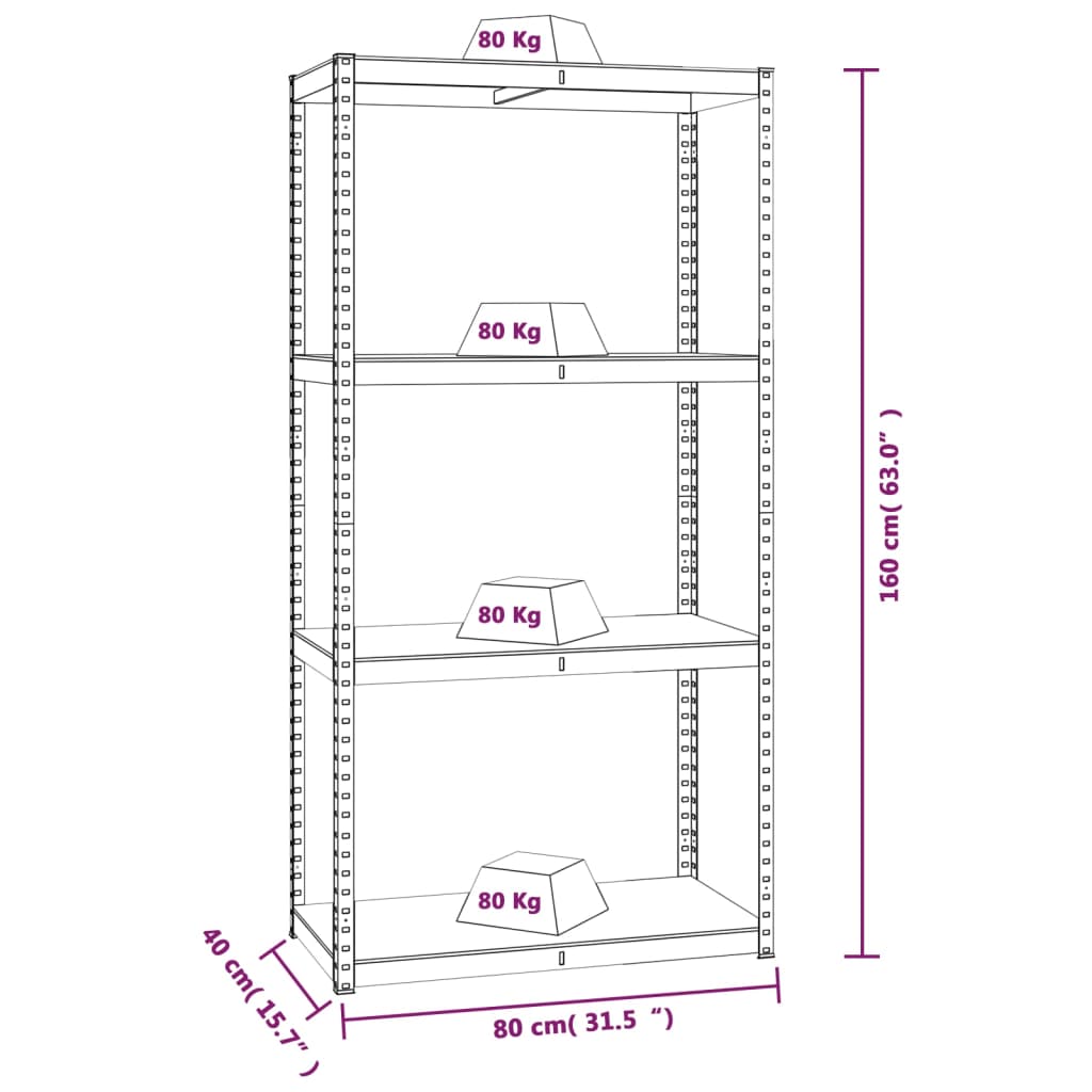 Scaffali a 4 Ripiani 4 pz Argento Acciaio e Legno Multistrato